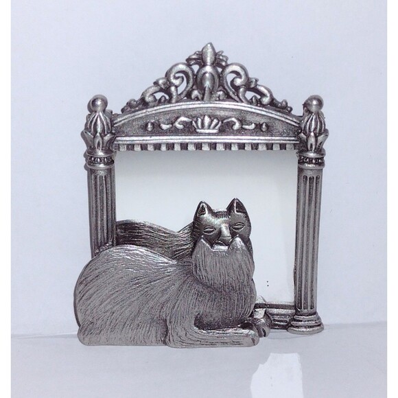 Unique Vintage Jewelry - Vintage JJ Jonette Cat Reflection Mirror Frame Pewter Brooch Pin